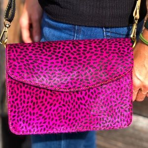 Women Genuine Leather Crossbody Shoulder Bag Hair On Hide Handmade Pink Cheetah
